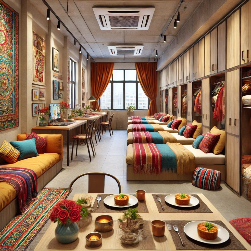 dall·e 2024-11-23 16.34.08 - a realistic and culturally relevant depiction of a paying guest (pg) facility designed for an indian audience. the scene includes a shared living area.webp
