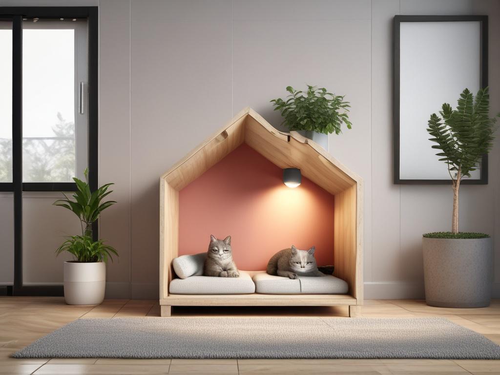 A cozy and stylish cat house, featuring soft cushions and a modern design. The cat house is placed in a bright room with minimalistic decor. The background should be simple and clean, with a focus on the cat house as the main subject. The colors are vibrant, especially using shades of green to complement the primary color rgb(50, 170, 39). The cat house should look inviting and comfortable, showcasing its elegance and functionality.