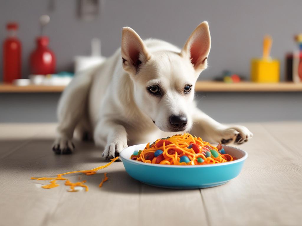 A happy dog eating from a bowl, with a focus on the dog's joyful expression and the vibrant colors of the food. The background is minimalistic and clean, highlighting the dog and the bowl. The overall composition should evoke a sense of satisfaction and health.