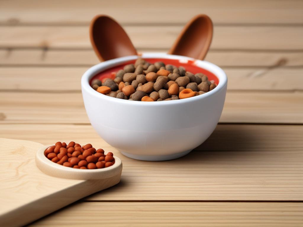 a high-resolution photorealistic image of handmade dog food in a bowl, arranged on a simple wooden table, with a dog looking at the food eagerly in the background.