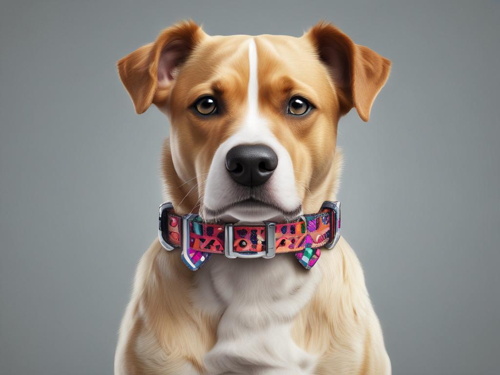 a high-resolution photorealistic image of a stylish dog collar on a minimalistic background, showcasing vibrant colors and unique patterns.