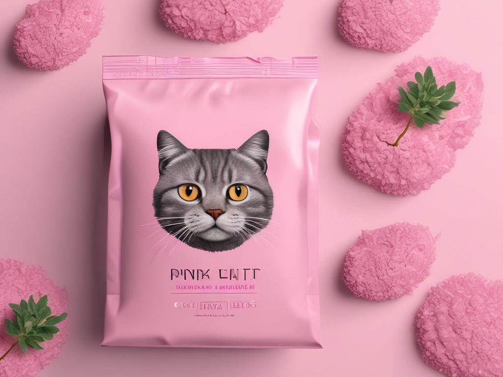 A realistic high-resolution photo of pink packaged cat litter. The image should focus on the pink packaging with clean lines and simple colors. The background should be minimalistic, emphasizing the product itself without any distractions. The packaging should be prominently displayed, showcasing the brand and the product type clearly.