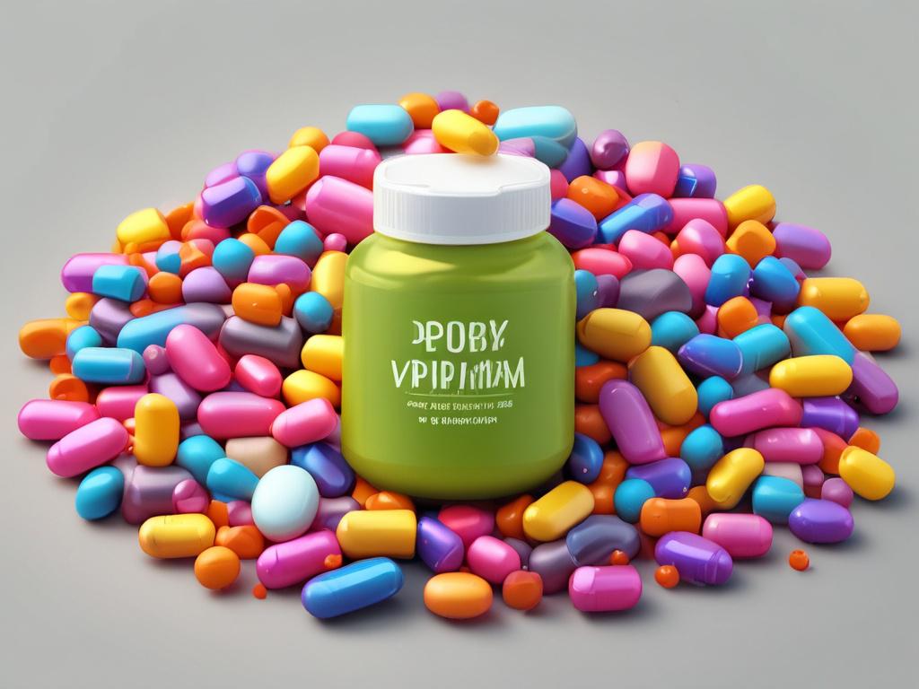 high-resolution image of pet vitamin supplements, minimalistic design, life-like presentation, vibrant colors, simple background