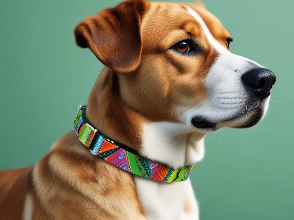 a high-resolution image of a stylish dog collar with colorful patterns, minimalist design, vibrant green background, focus on the collar, photorealistic.