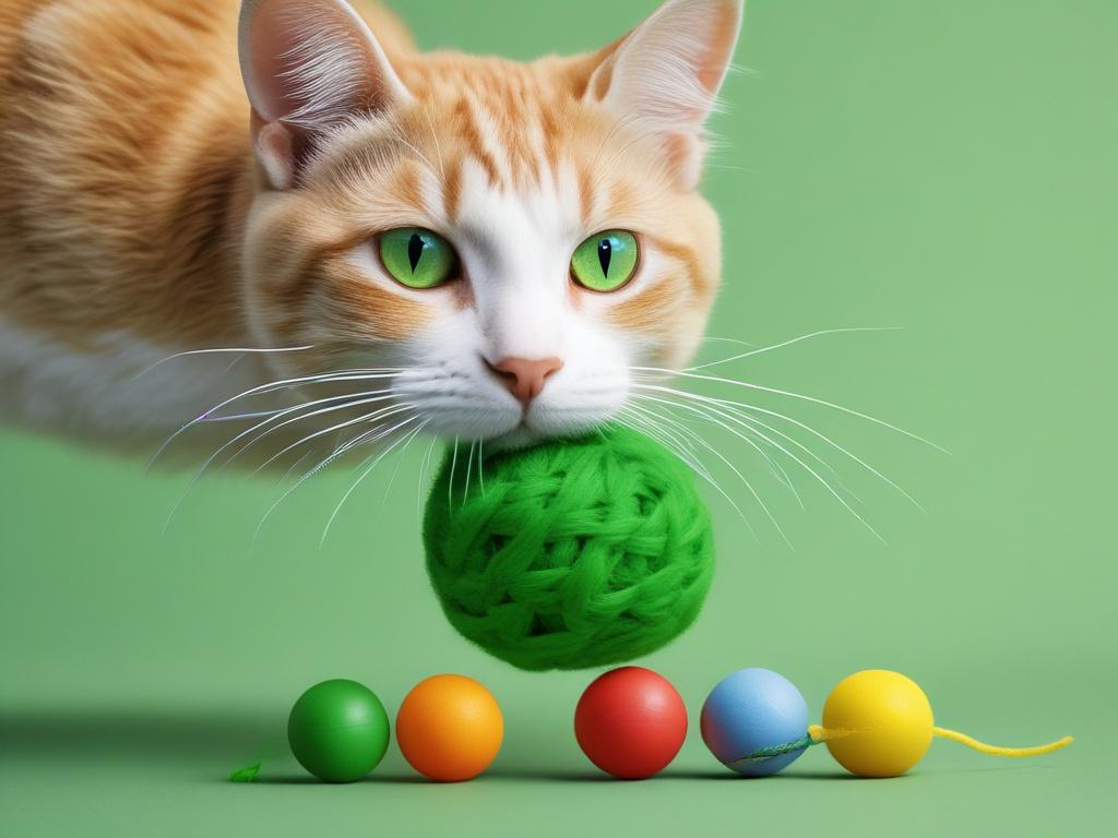a high-resolution image of handmade cat toys made from natural materials, minimalist design, vibrant green background, focus on the toys, photorealistic.