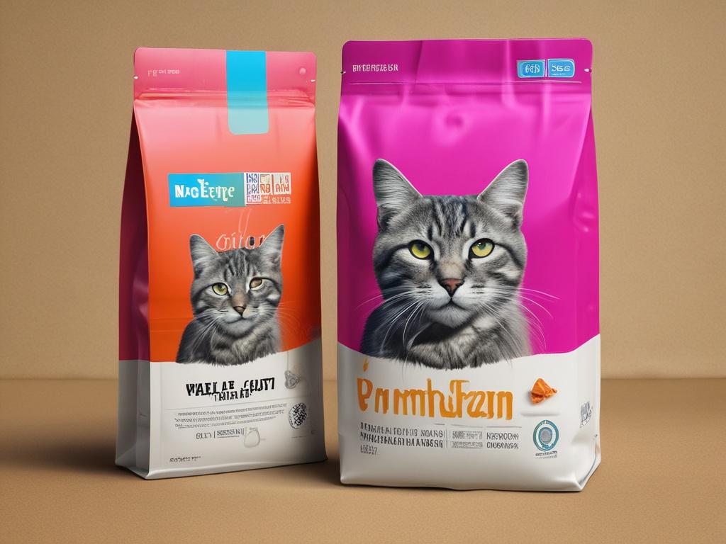 A high-resolution image of a bag of premium cat food, showcasing its vibrant packaging with a focus on the brand logo. The bag should be placed on a clean, white surface to enhance the colors. The background should be minimalistic, emphasizing the product. The lighting should be bright and natural, highlighting the texture of the bag and the quality of the food inside.
