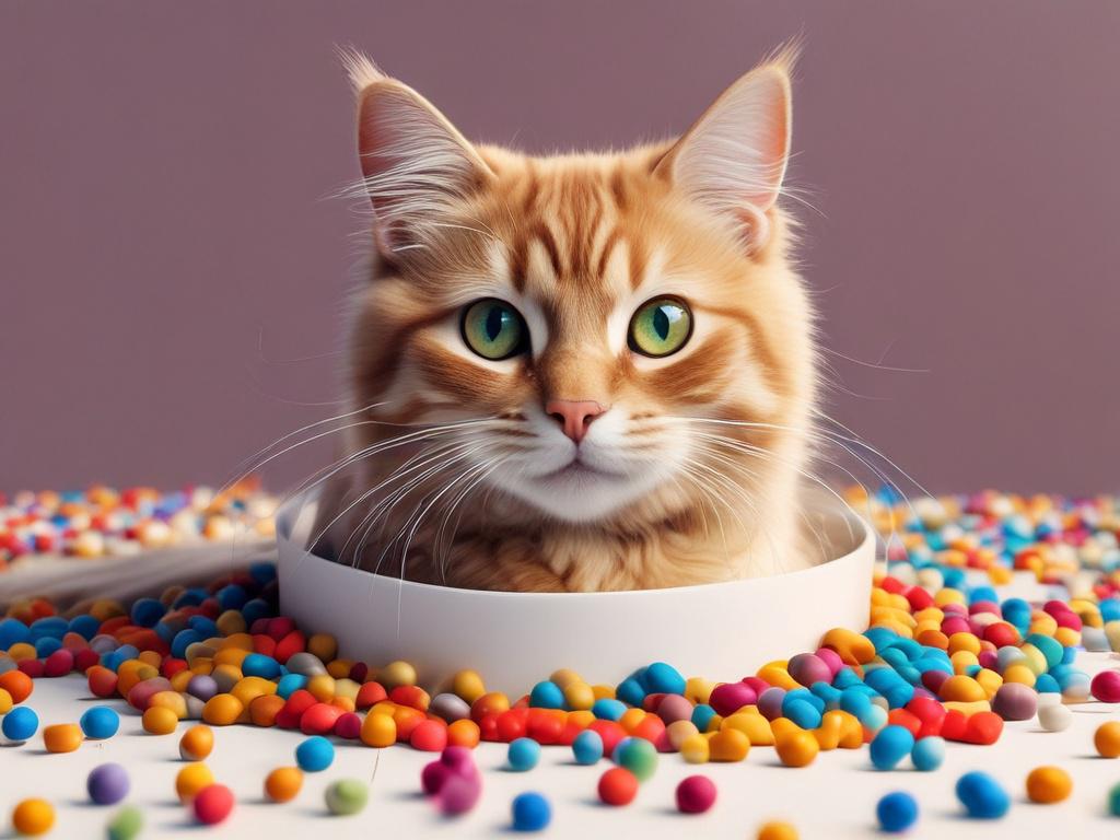 A high-resolution, photorealistic image of premium cat food in an elegant bowl, surrounded by colorful kibble pieces. The background should be minimalistic with clean lines, emphasizing the rich textures and vibrant colors of the food, compatible with rgb(50, 170, 39).