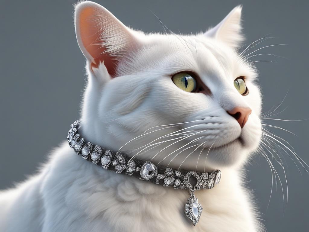 A luxurious cat collar covered in white crystals, elegantly designed with a soft texture. The collar should be displayed against a minimalistic background to highlight its exquisite details, with a focus on the shimmering crystals that catch the light beautifully.
