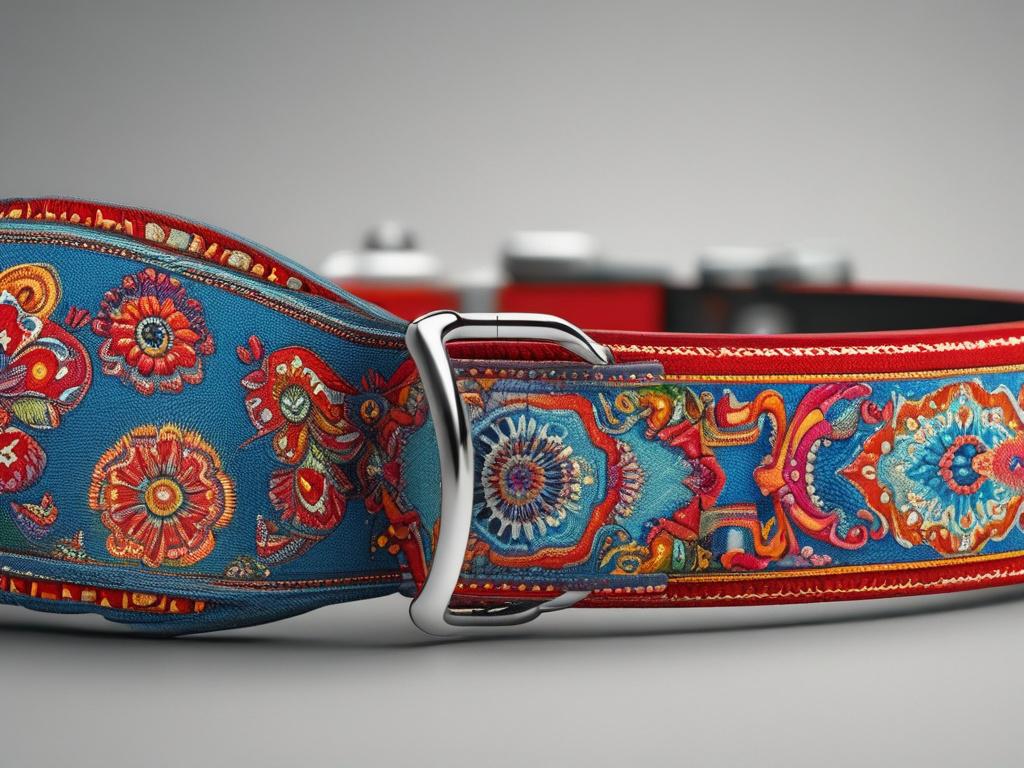 A realistic high-resolution image of a stylish dog collar with intricate designs, placed on a soft fabric background. The collar showcases vibrant colors and elegant patterns.