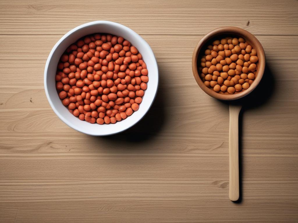 A realistic high-resolution image of a bowl of handmade cat food, placed on a wooden table. The background is simple and bright, focusing on the bowl with vibrant colors, showcasing the texture of the food.