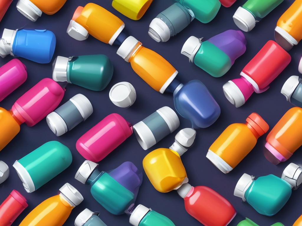 A realistic high-resolution image of a vitamin supplement bottle for cats and dogs, set against a clean, minimalistic background. The bottle is brightly colored, emphasizing its health benefits.