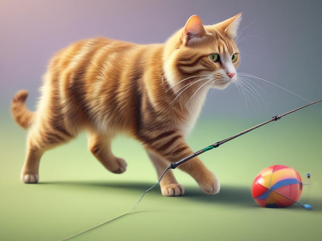 A playful cat engaging with a colorful fishing rod toy. The cat is in mid-pounce, showcasing its agility and excitement. The background is a simple, clean design that emphasizes the cat and the toy, using vibrant colors that complement the scene.
