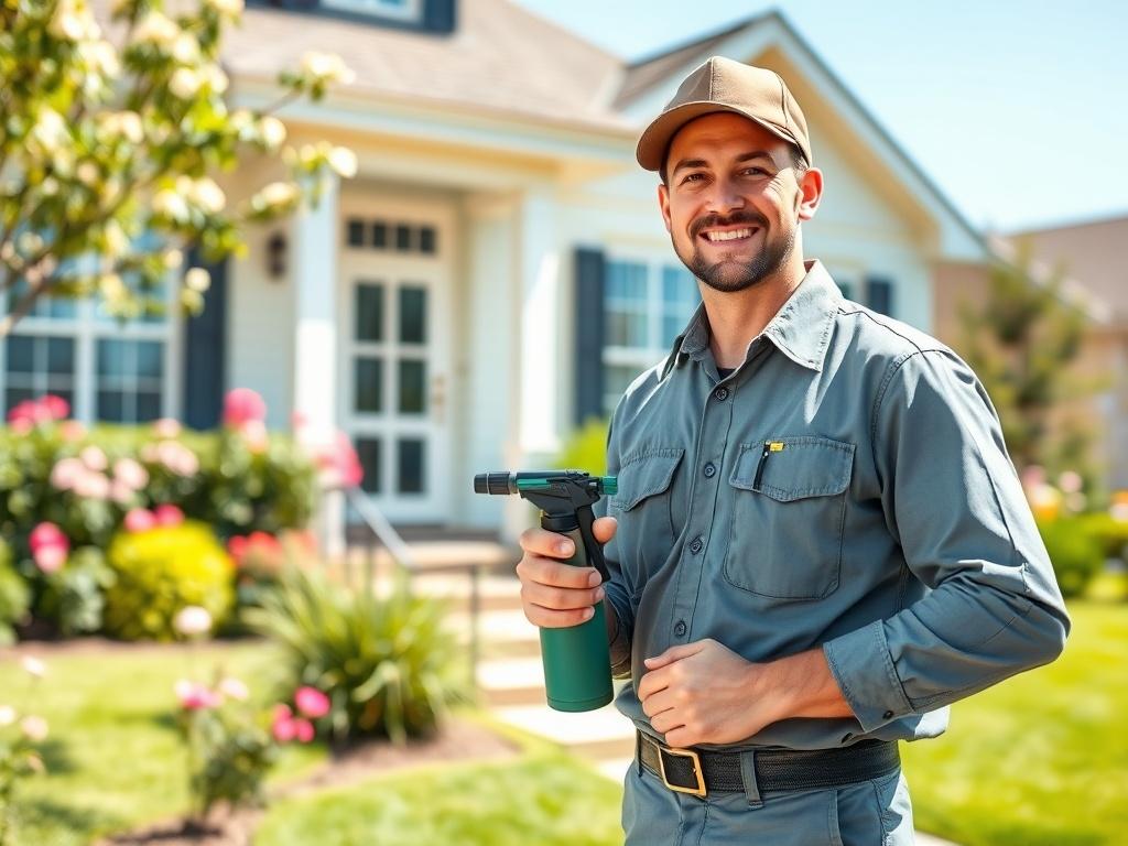 A professional pest control technician wearing a uniform, standing confidently in front of a residential home. The technician is holding a canister of wasp spray, smiling and ready to assist. The background features a clean, well-maintained yard with blooming flowers and a bright blue sky, creating a fresh and inviting atmosphere. The overall composition is simple and clear, emphasizing the technician as the main subject, with soft natural lighting.