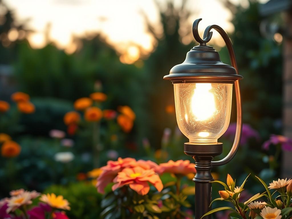 A high-resolution image of a beautifully cleaned outdoor light fixture, showcasing its polished surface and bright illumination. The setting is a well-maintained garden at dusk, with soft natural light enhancing the vibrant colors of the flowers and greenery around the fixture. The focus is on the light fixture, which stands out as the centerpiece of the composition, radiating warmth and inviting ambiance.