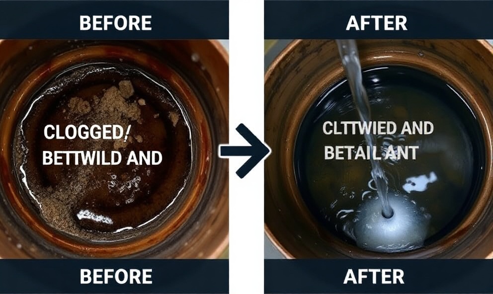 Before and after septic tank and drain cleaning results