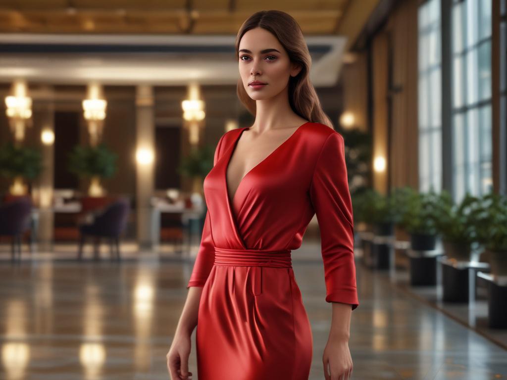 A stunning, elegant woman dressed in a glamorous outfit, standing