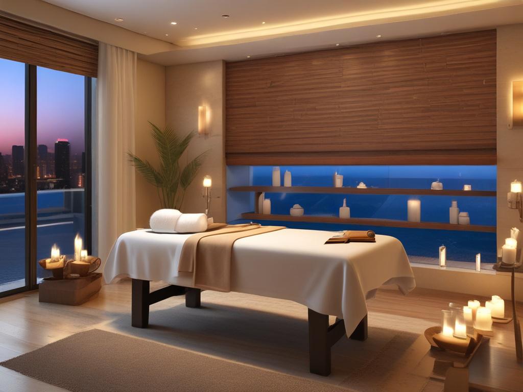 A serene setting featuring a massage table adorned with soft