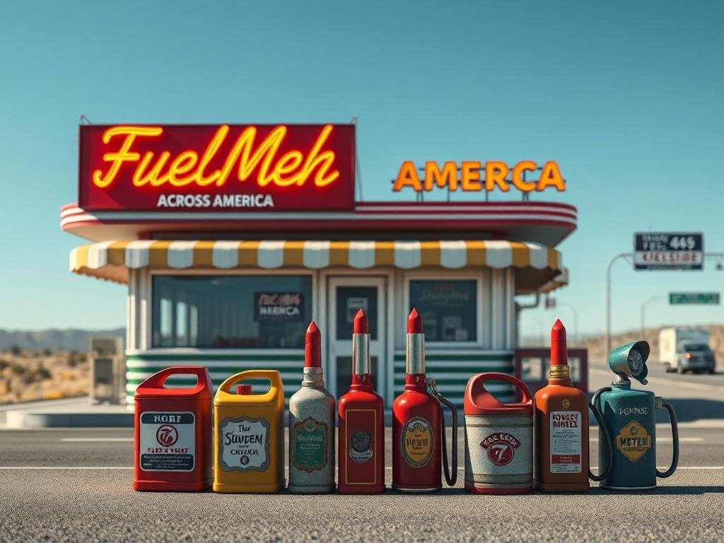 A vibrant, high-resolution image of a classic roadside diner with a nostalgic feel. The diner should have a bright neon sign that reads 'FuelMeh Across America'. In the foreground, place a collection of creatively designed gas cans and lipstick, showcasing a playful mix of roadside charm. The background should feature a clear blue sky and open highway, with minimalistic clean lines and bold vibrant colors that capture the essence of American road trips.