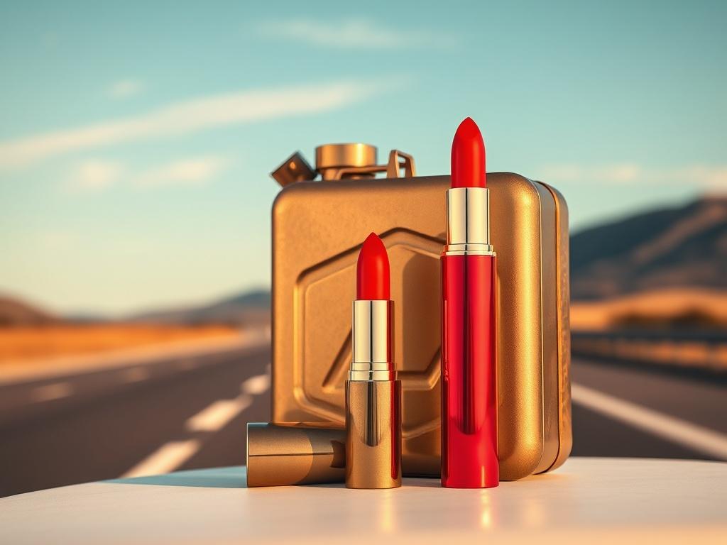 A realistic high-resolution photo of a vintage-style gas can and a vibrant lipstick tube, placed side by side on a clean, minimalistic surface. The background should feature a blurred scenic highway, emphasizing the theme of road trips and adventure. The colors should be bold and vibrant, with a focus on the rich red of the lipstick and the metallic sheen of the gas can, complementing the primary color rgb(193, 153, 87).