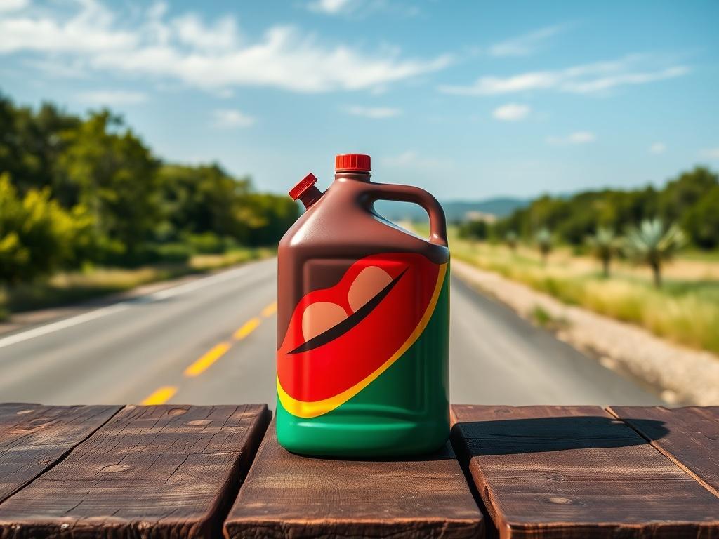 A realistic high-resolution photo of a vibrant gas can with a stylish lipstick design placed on a rustic wooden table. The background features a scenic open road with lush greenery and a clear blue sky, conveying a sense of adventure and freedom. The gas can should be the focal point, showcasing its unique design, while the beautiful road invites viewers to imagine their next journey.