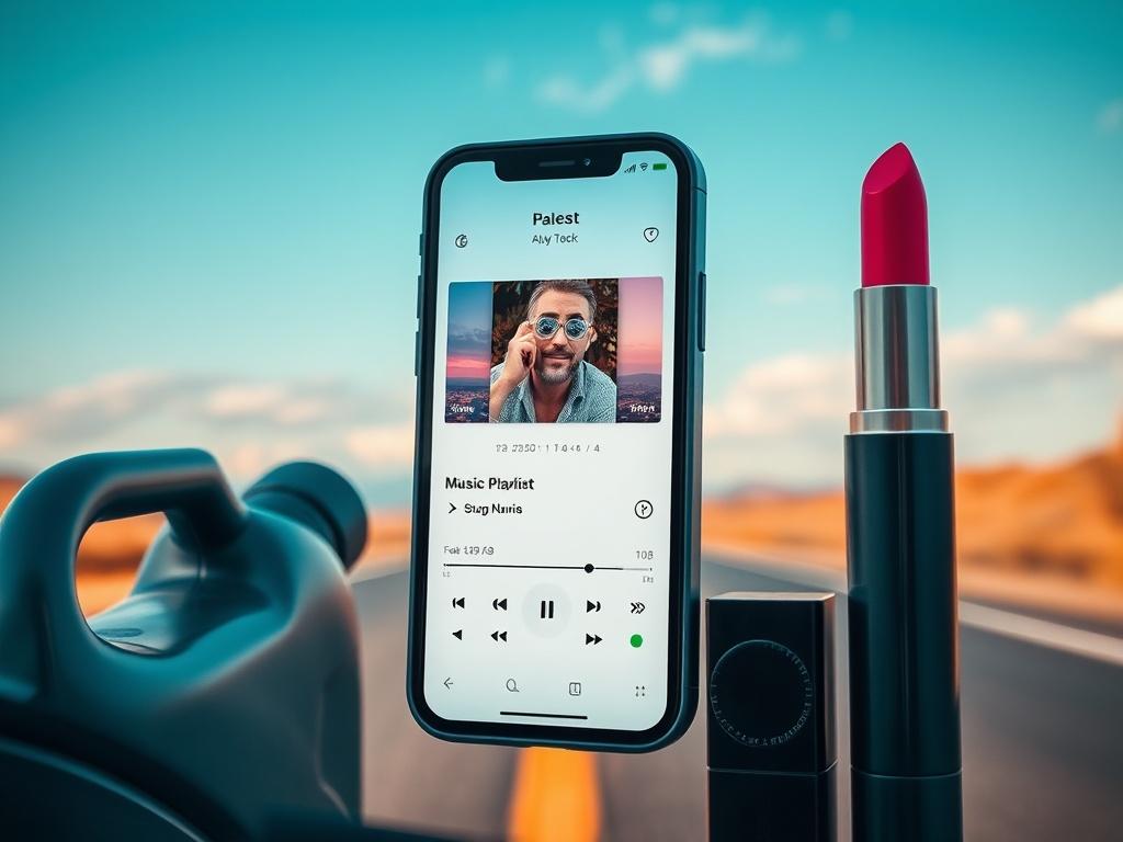 A realistic, high-resolution photo of a smartphone displaying a music playlist interface. The background should be a scenic view of a road or landscape, creating a sense of adventure and freedom. The color scheme should harmonize with rgb(193, 153, 87), providing a warm and inviting feel.