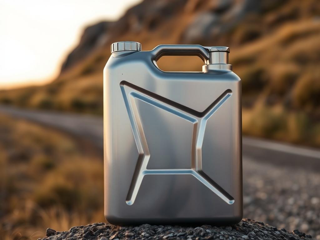 A realistic, high-resolution photo of a shiny, metal gas can with a sleek design. The gas can should be prominently displayed against a simple, natural background, such as a grassy field or a rugged road, emphasizing its durability and outdoor appeal. The color palette should align with rgb(193, 153, 87), creating a warm and inviting atmosphere.