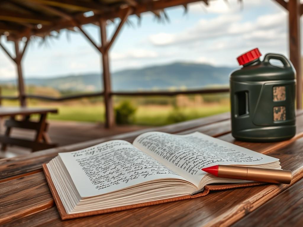 A realistic, high-resolution photo of an open travel journal lying on a wooden picnic table. The journal should feature handwritten notes and sketches, with a scenic view of nature in the background. The color palette should incorporate rgb(193, 153, 87) to create a warm, inviting atmosphere.