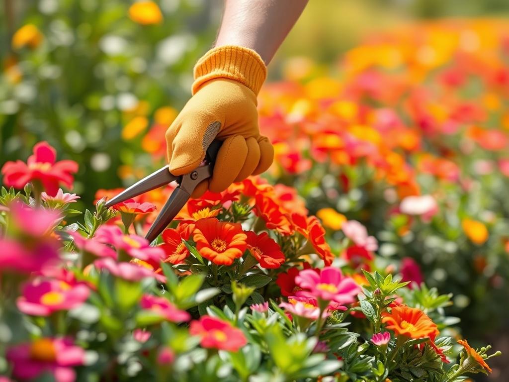 A close-up shot of a professional landscaper trimming flower bushes in a beautifully landscaped garden. The landscaper wears gloves and uses pruning shears, focusing on vibrant flowers and lush greenery. The background is a soft blur of colorful flowers and greenery, emphasizing the meticulous work being done. The overall composition should evoke a sense of care and attention to detail, with natural sunlight illuminating the scene.