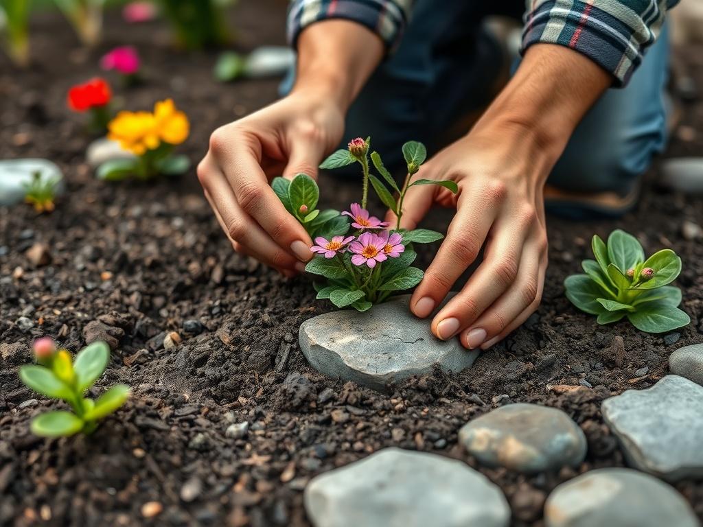 A close up shot of a landscaper working on a