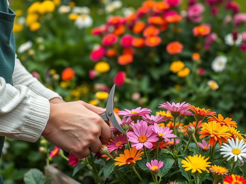 A close up shot of a gardener trimming colorful flowers