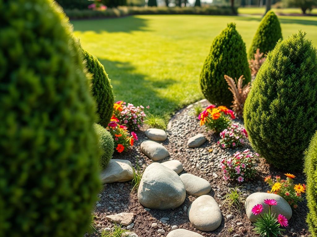 A close up shot of a landscaped garden featuring arranged