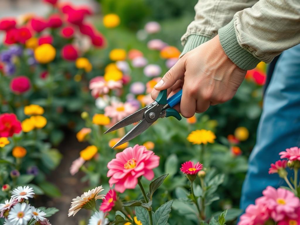 A close up shot of a gardener trimming vibrant flowers