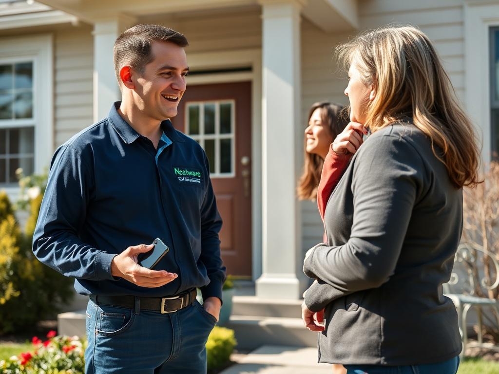 A close up shot of a Neatwave Cleaners representative talking