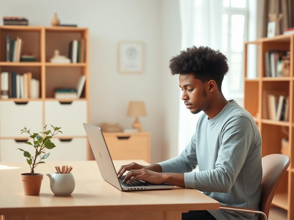 Generate a realistic high-resolution image that embodies the theme of "Crafting Engaging Content." The image should focus on a single subject: a person working diligently on a laptop at a minimalist desk. The individual, a young adult of diverse descent, should appear focused and inspired as they type, conveying deep concentration and creativity.

In the background, include a softly blurred bookshelf filled with neatly organized books and a few charming decorative items, emphasizing a nurturing environment 