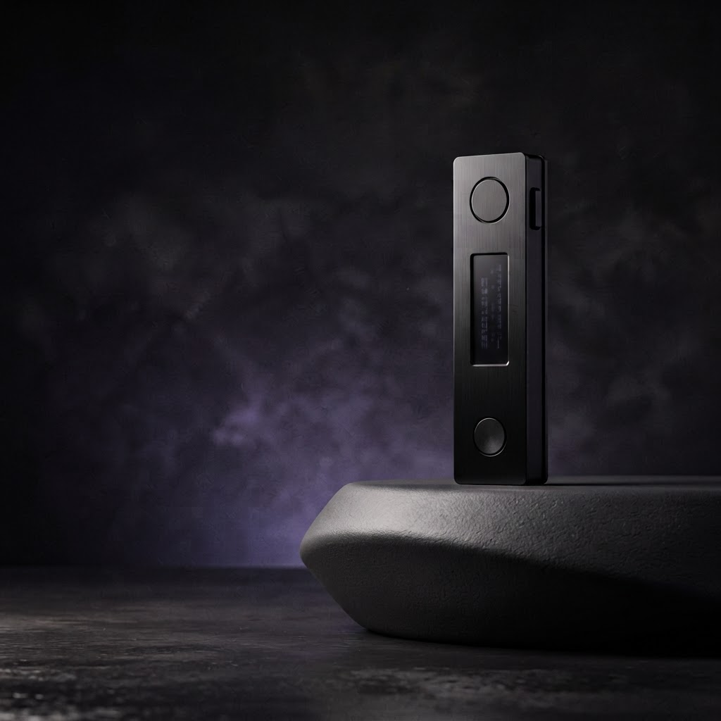 A black Ledger hardware wallet displayed in a dramatic studio setting