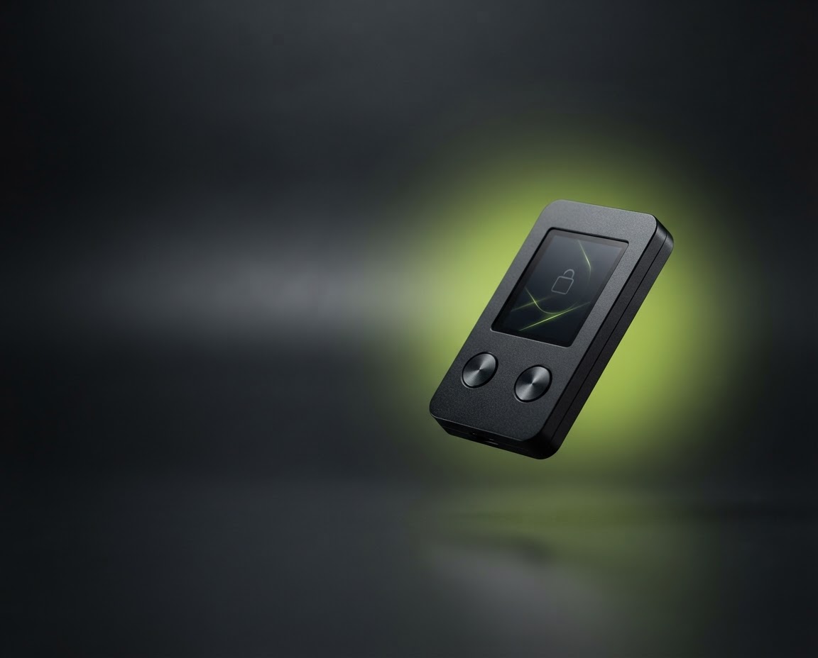A Trezor-style hardware wallet in a dramatic, dark studio setting