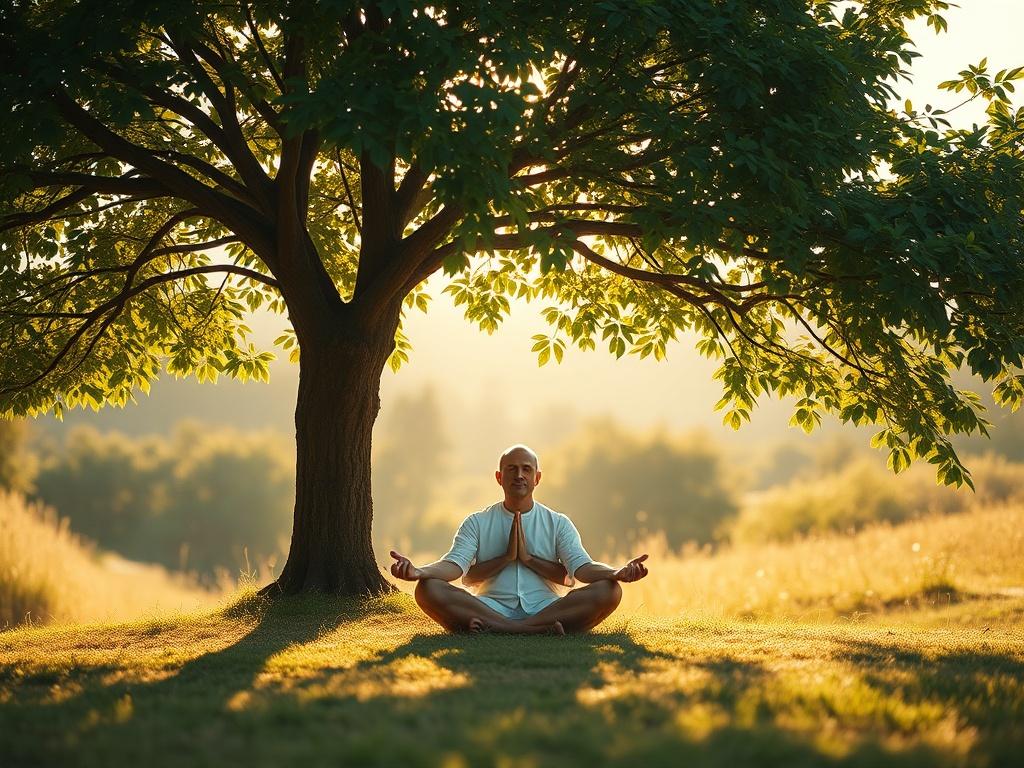 A serene scene depicting a person sitting cross legged under