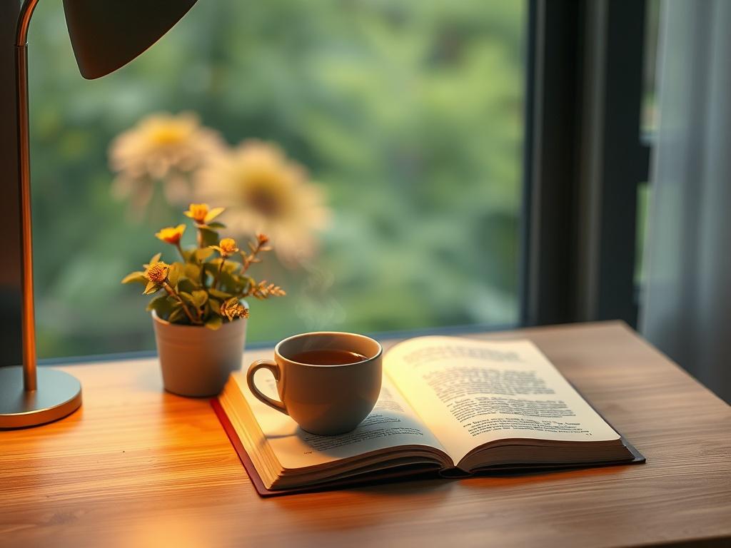 A serene and inviting workspace featuring a single, cozy desk
