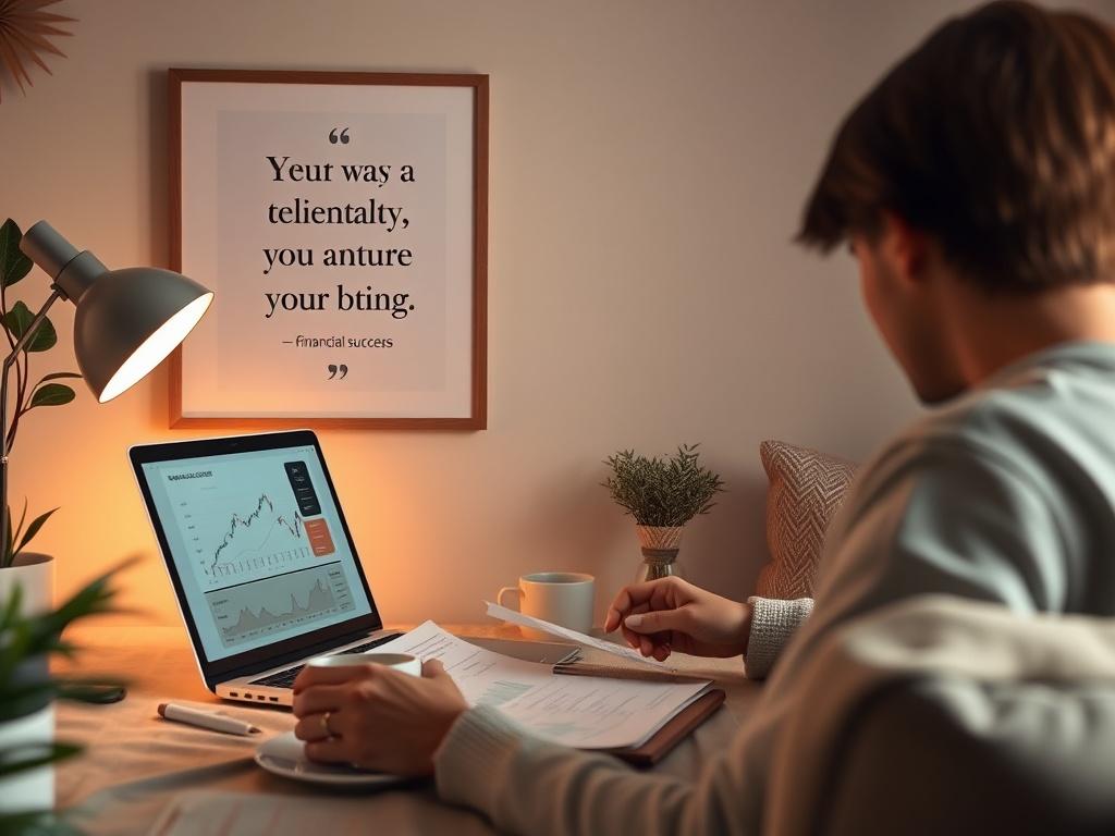 A cozy home office setup with a person reviewing financial