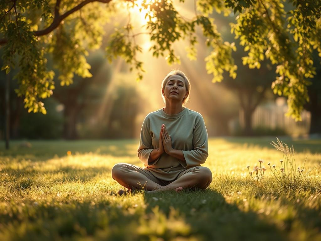 Create a realistic high-resolution photo that embodies the theme "Growing Spiritually with Faith." The composition should be simple and clear, featuring a single subject: a person in a serene outdoor setting, engaged in a moment of reflection or prayer. The individual should be seated cross-legged on soft grass, dressed in comfortable, modest clothing that evokes a sense of peace and tranquility. 

In the background, depict a gentle sunbeam filtering through the branches of a lush grove, casting a warm glow