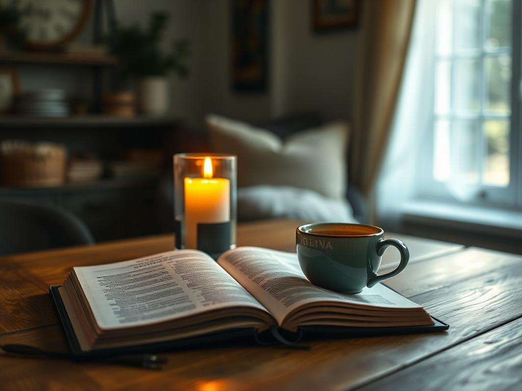 A serene, softly lit scene featuring an open Daily Devotionals Journal on a wooden table, surrounded by a lit candle and a warm cup of tea. The background shows a cozy, inviting room with gentle sunlight streaming through a window, creating a peaceful atmosphere.