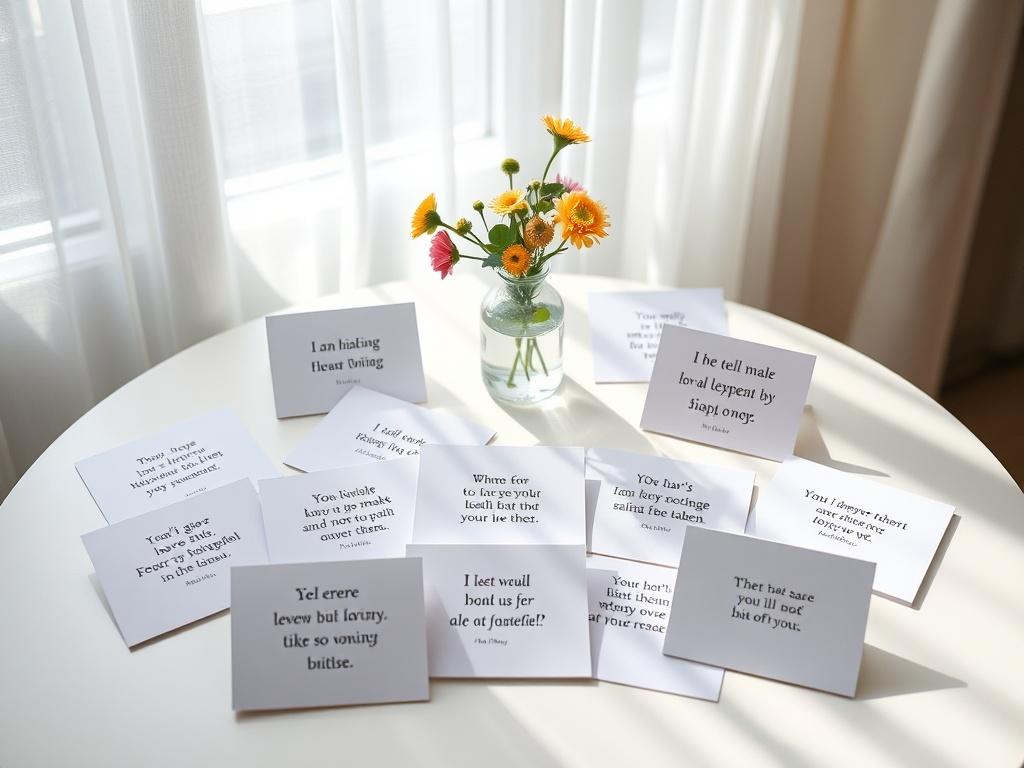 A visually appealing arrangement of Motivational Quote Cards spread out on a table with soft natural light illuminating them. Each card showcases a different inspirational quote, and a small vase of fresh flowers complements the scene, adding a touch of warmth.