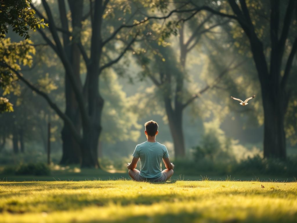 A tranquil outdoor setting in nature, with a person sitting cross-legged on a grassy area. Soft sunlight filters through trees, illuminating the scene. The atmosphere is serene, with gentle breezes and birds in the background.