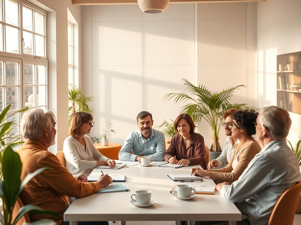 A serene indoor workshop setting with natural light streaming through large windows. A diverse group of adults engaged in a discussion around a table, with notebooks and coffee cups. The room is decorated with soft colors and plants, creating a peaceful atmosphere.