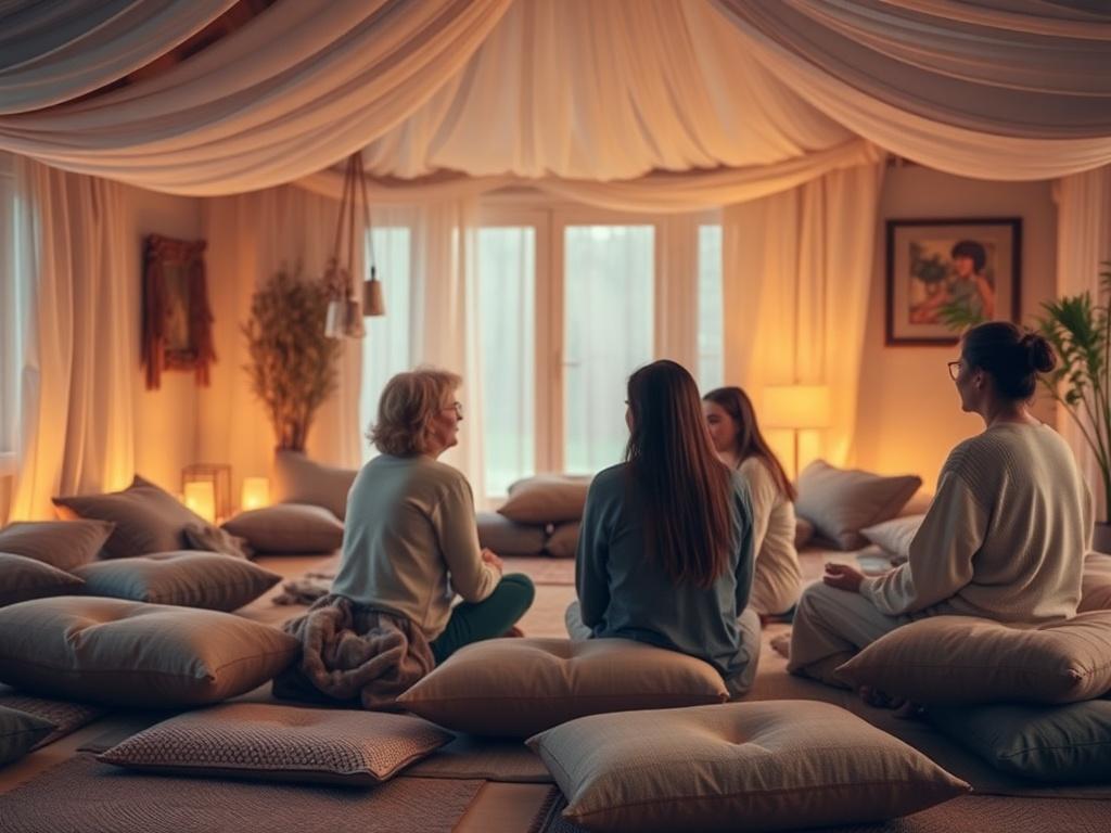 A cozy indoor gathering space filled with cushions and warm lighting. Participants are gathered in a circle, sharing experiences and insights. The atmosphere is intimate and inviting, fostering a sense of community.