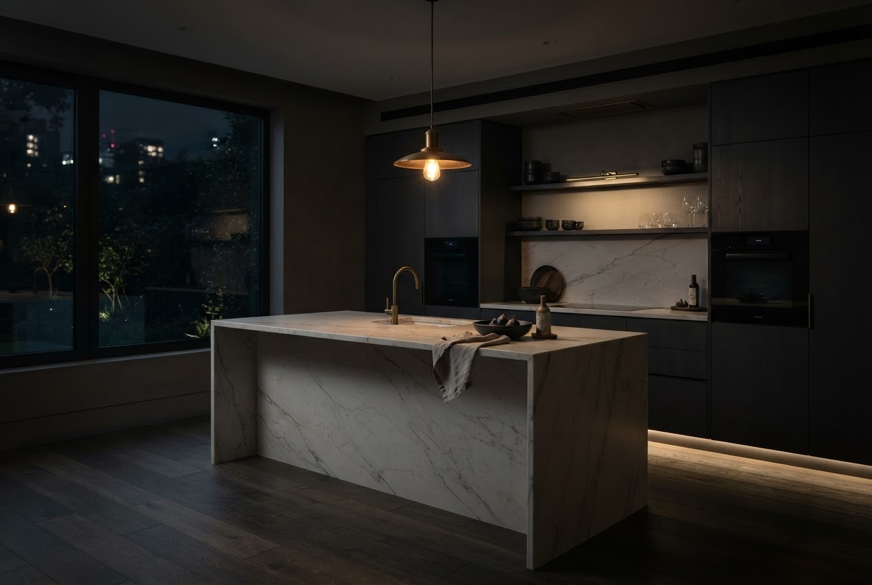 Canyon Glass Pavilion — frame 2: marble kitchen at night