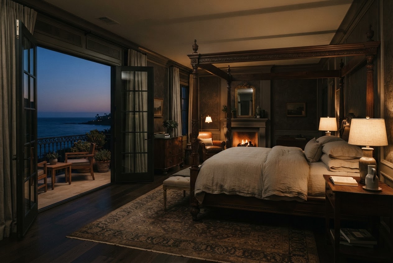 Bluff House — frame 2: primary suite at dusk