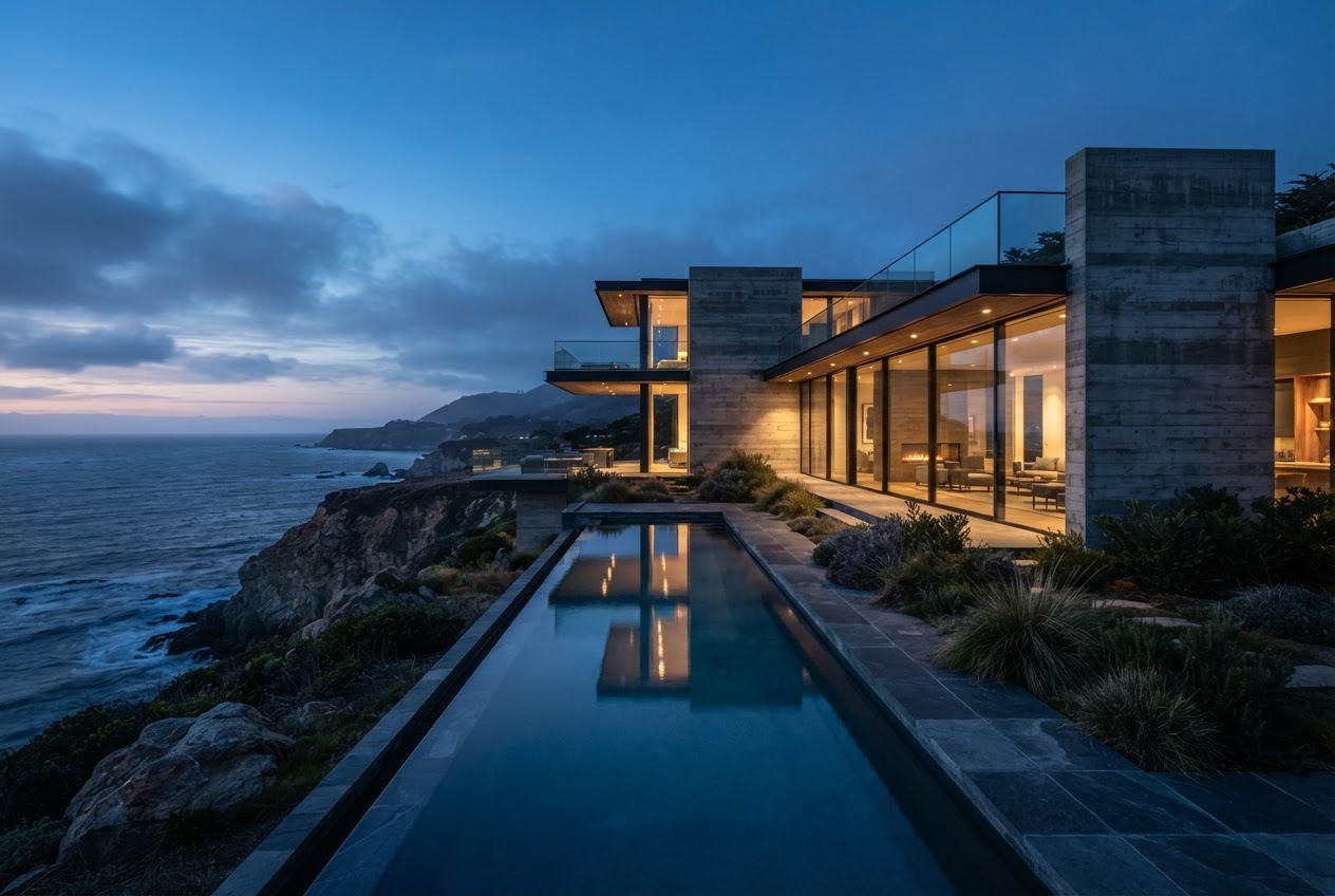 La Piedra — frame 1: clifftop house at blue hour