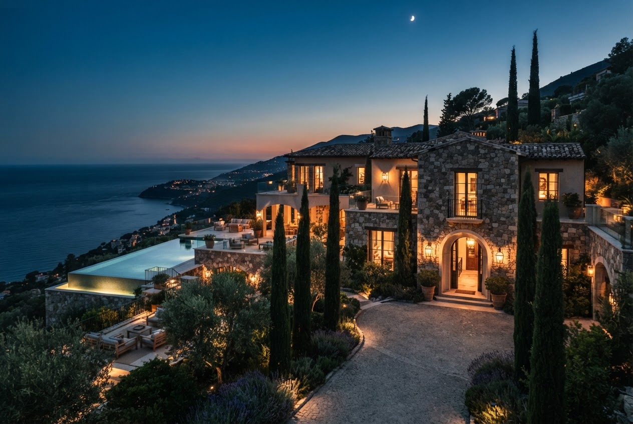 Casa Mirador — frame 1: hillside exterior at dusk