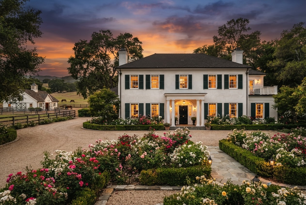 Hacienda La Serena — frame 1: colonial facade at dusk